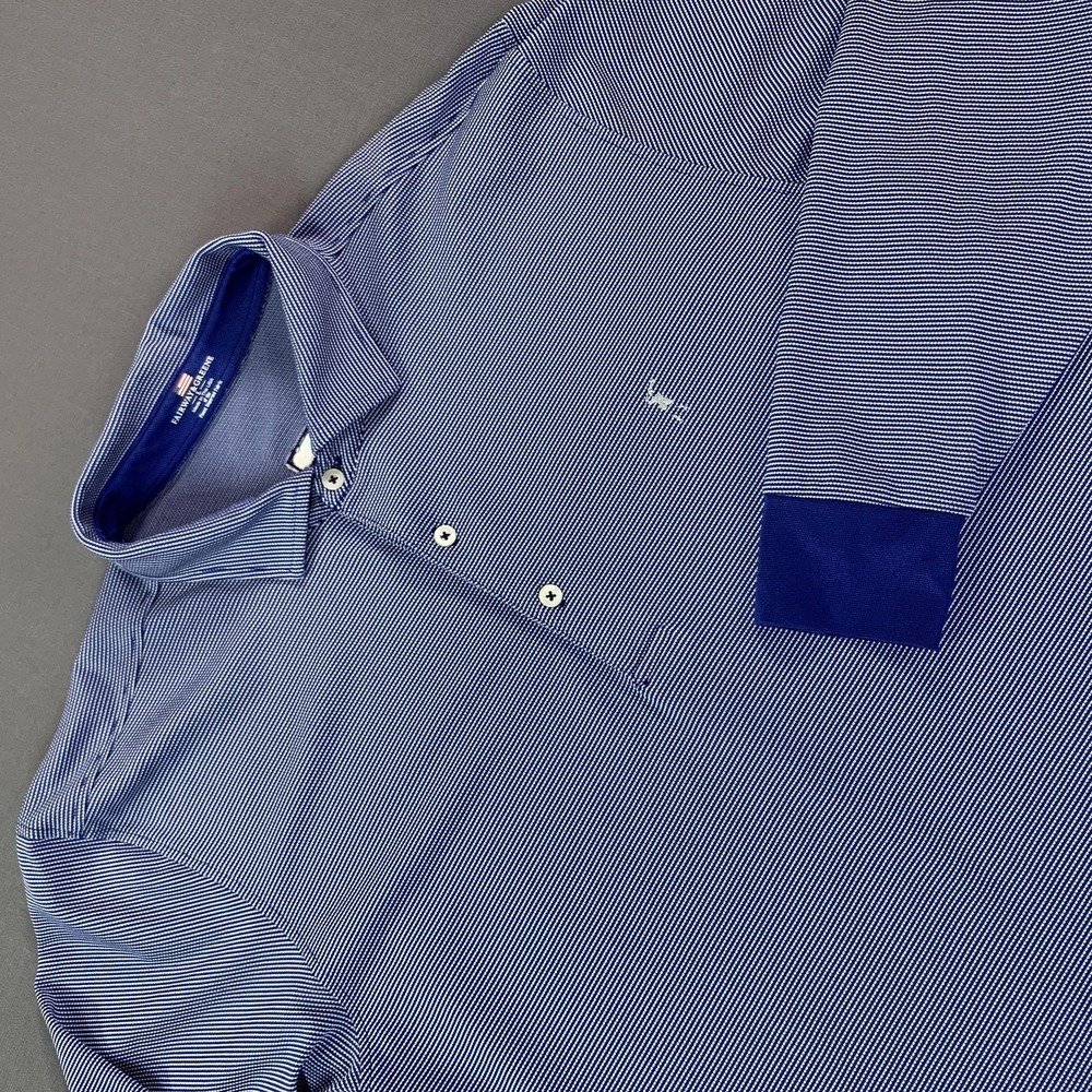 Fairway & Greene Polo Shirt Mens Large Blue Stripe Long Sleeve Golf USA Stretch